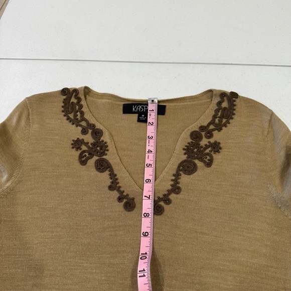 Vintage 1980’s Kasper Sweater Wool Blend V-neck Scroll Embroidery Taupe Size Med - Picture 5 of 10